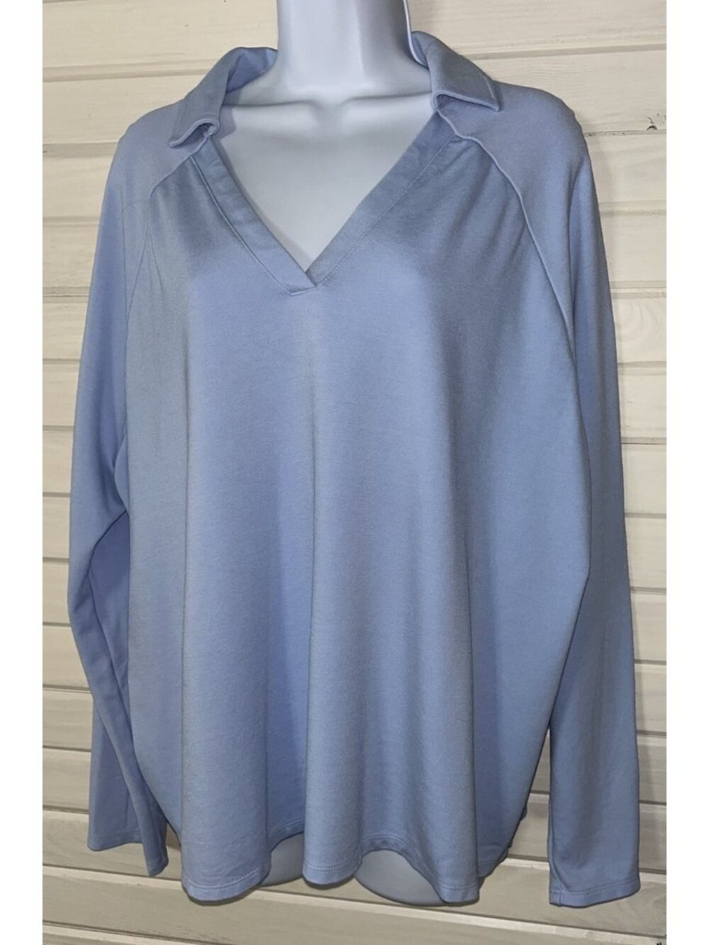 J JILL Wearever Sz LARGE Brushed Back Jersey Top Pale Blue Collared Soft EUC